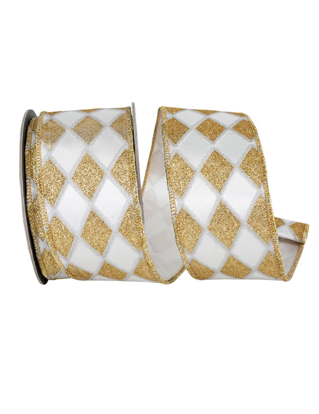 White and Gold Harlequin Wired Ribbon 2.5” - Greenery Market94573W - 980 - 40F