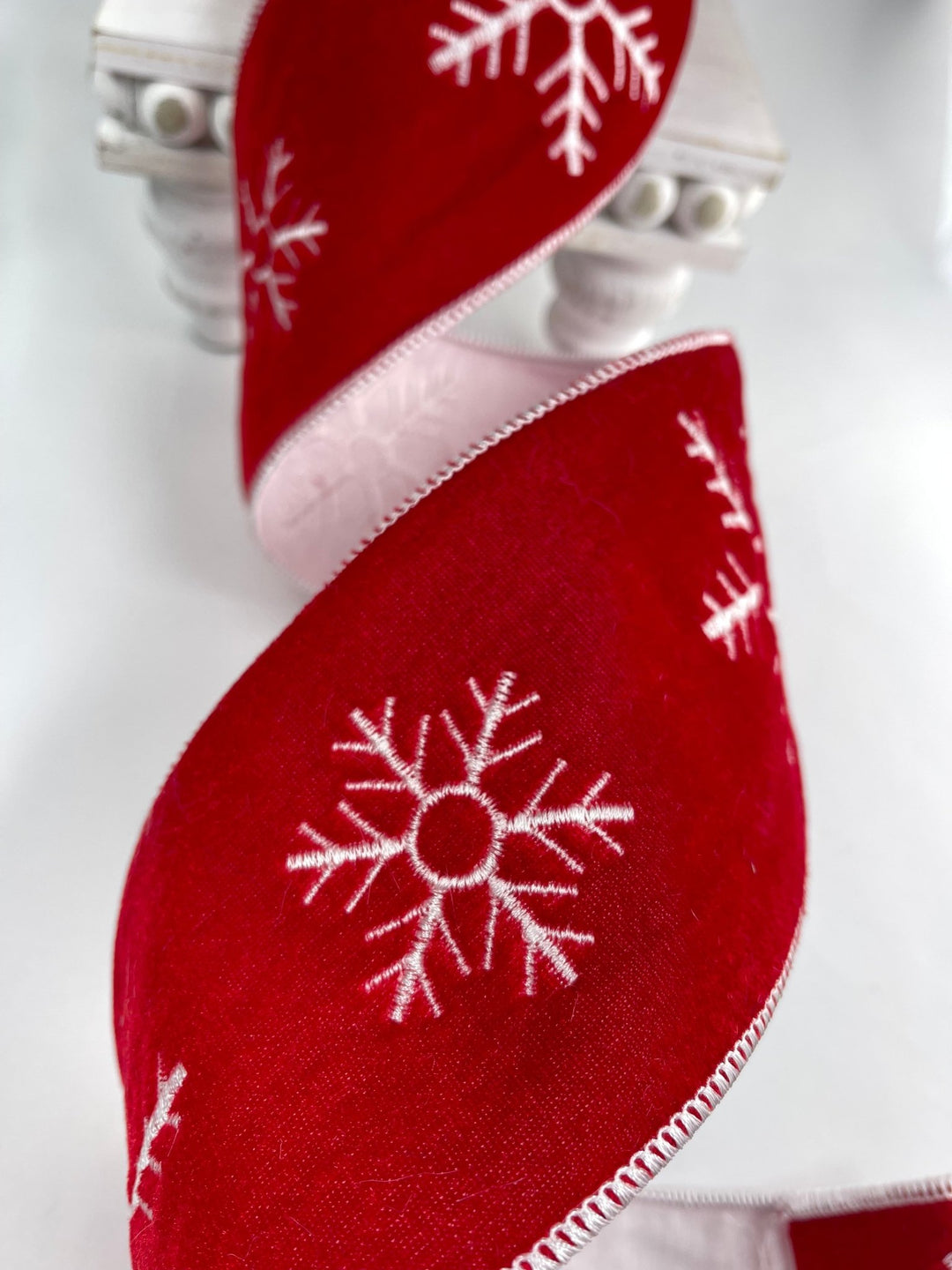Winter snowflake on red velvet 4” wide wired ribbon - Greenery MarketWired ribbon137982