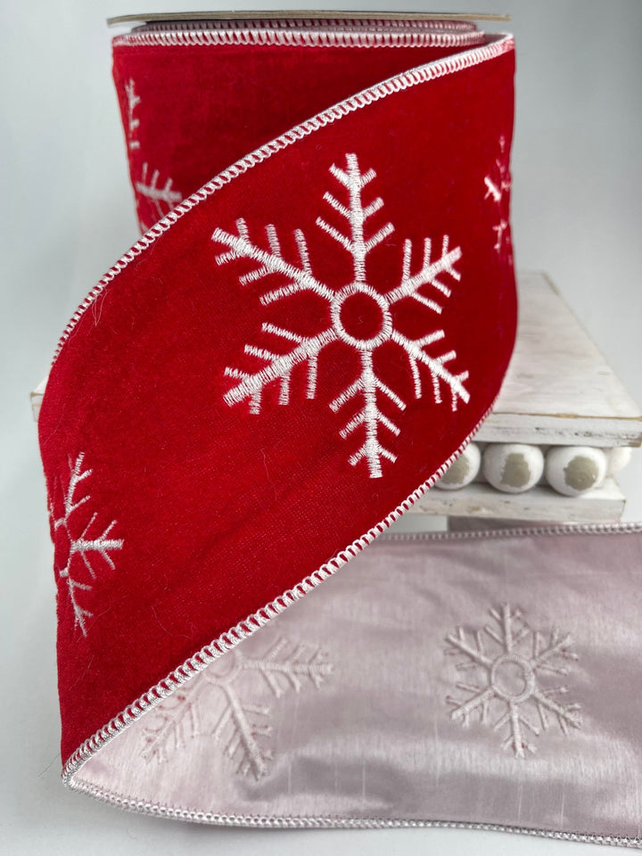 Winter snowflake on red velvet 4” wide wired ribbon - Greenery MarketWired ribbon137982