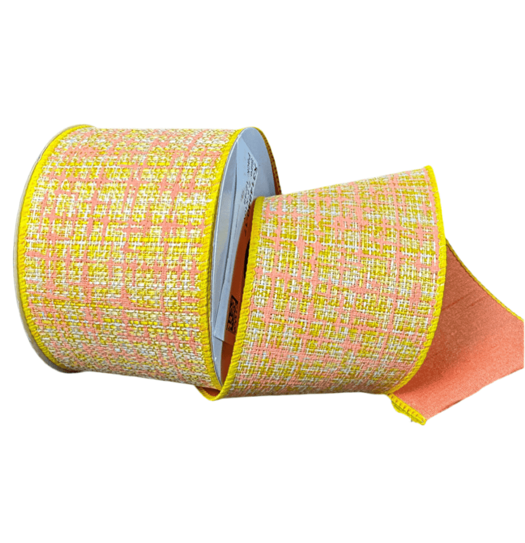 Yellow and Peach Double Sided Tweed Wired Ribbon, 2.5” - Greenery Marketwired ribbonD42511 - 40 - 23