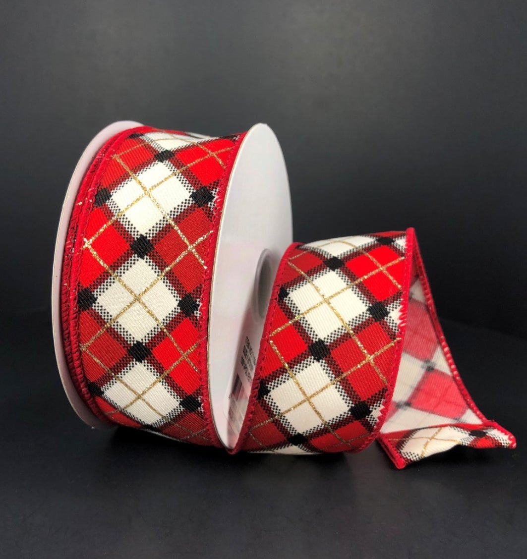 Black, cream, and red diamond plaid wired ribbon , 1.5" - Greenery MarketWired ribbon71156-09-15