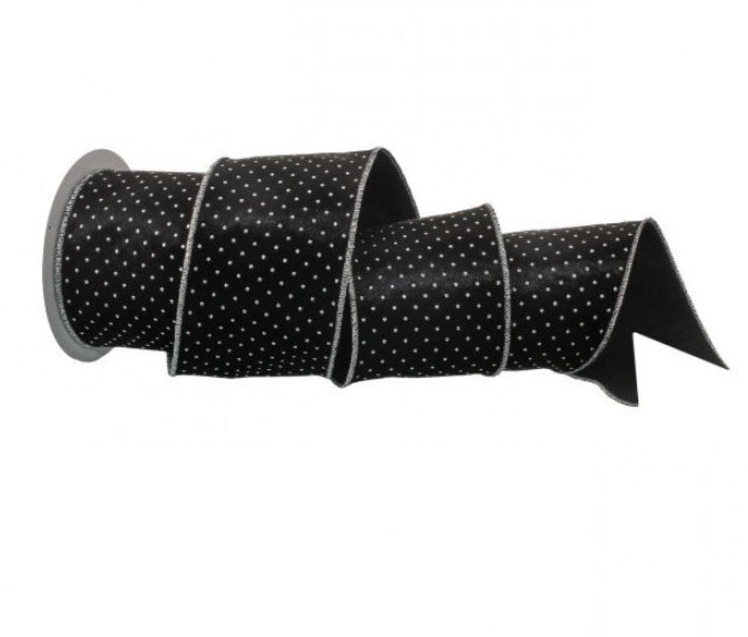 Black velvet wired ribbon with silver raised dots 4” - Greenery MarketMTX64932