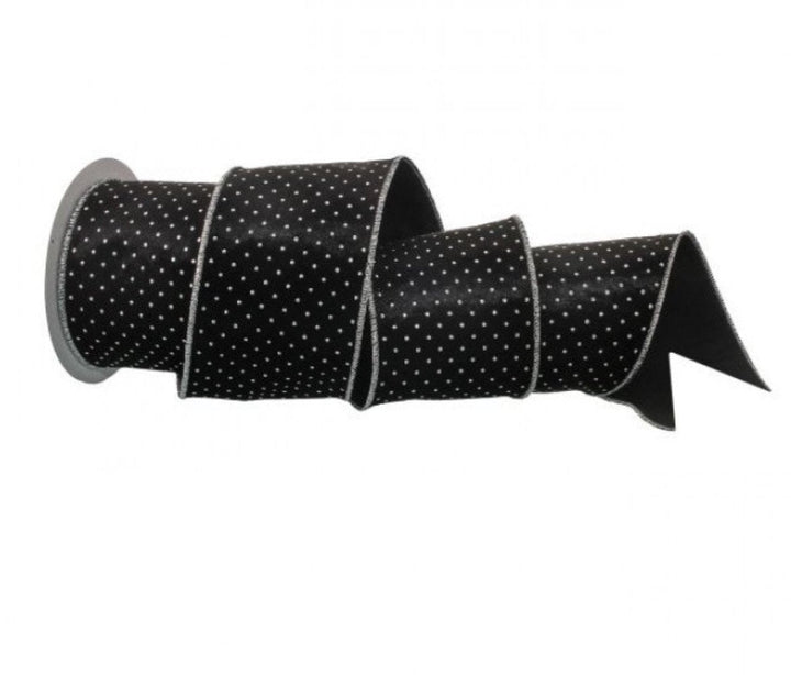 Black velvet wired ribbon with silver raised dots 4” - Greenery MarketMTX64932