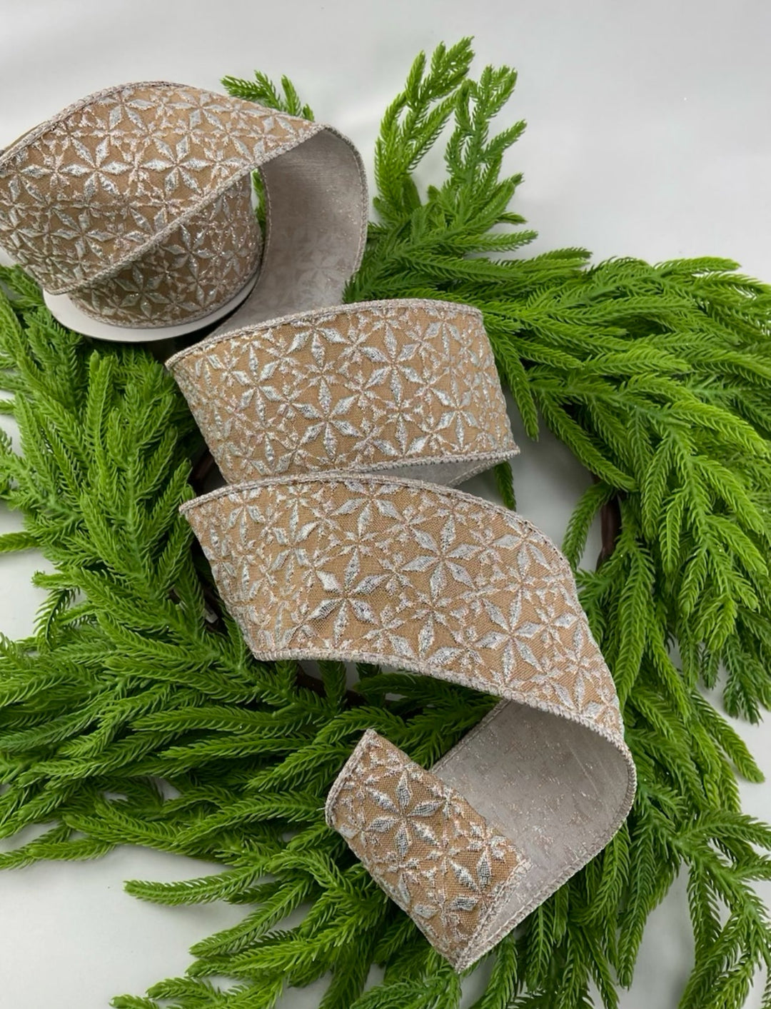 Burlap colored Jacquard Wired Ribbon - Greenery Market179753