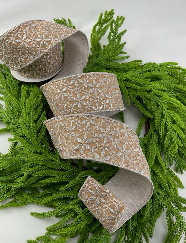 Burlap colored Jacquard Wired Ribbon - Greenery Market179753