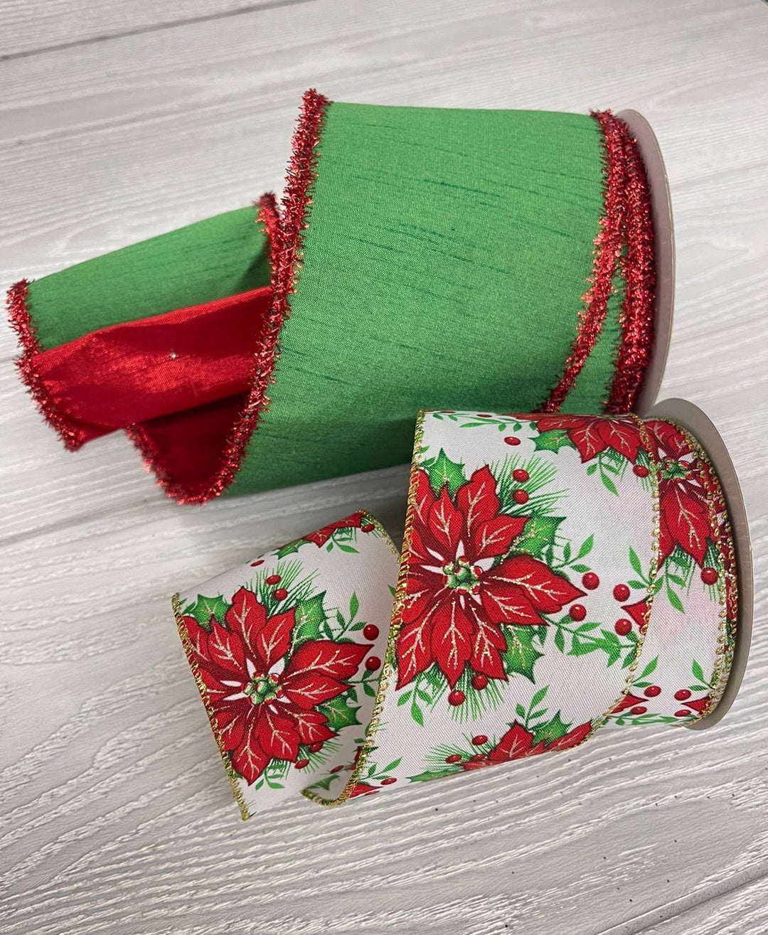 Christmas Poinsettia with gold trim wired ribbon 2.5” - Greenery MarketWired ribbon180331