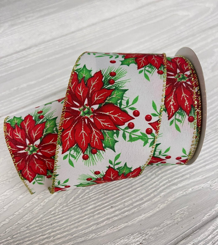 Christmas Poinsettia with gold trim wired ribbon 2.5” - Greenery MarketWired ribbon180331