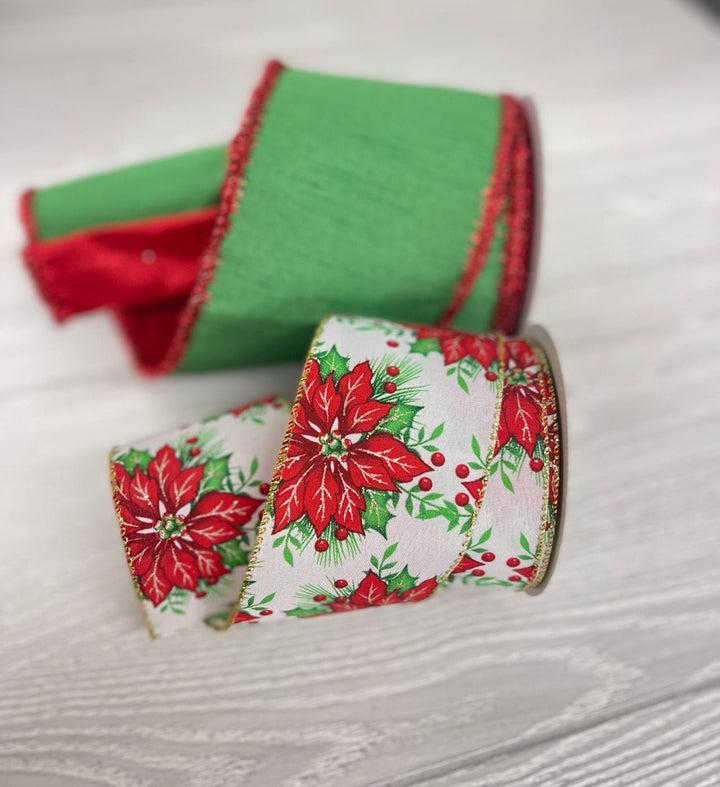 Christmas Poinsettia with gold trim wired ribbon 2.5” - Greenery MarketWired ribbon180331