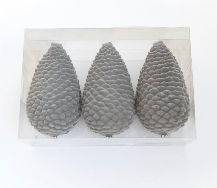 Flocked pinecone ornaments - gray box of 3 - Greenery Market125329