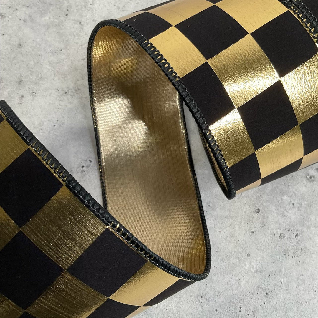 Gold and black check wired ribbon 2.5” - Greenery MarketXR504/25