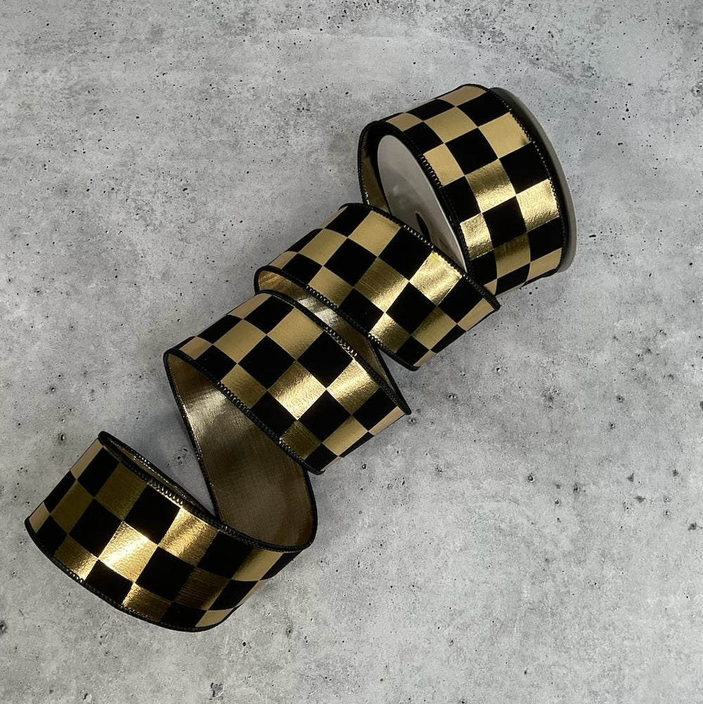 Gold and black check wired ribbon 2.5” - Greenery MarketXR504/25