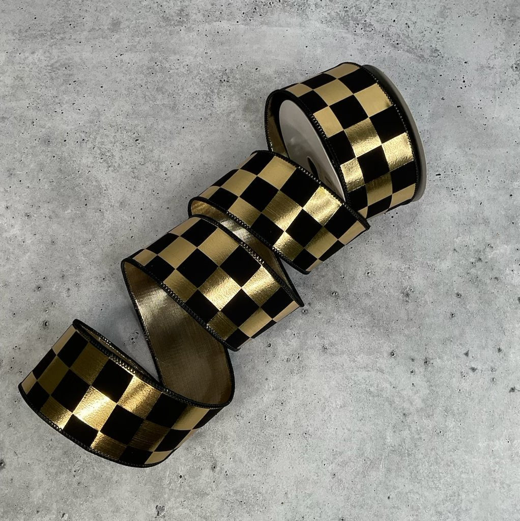 Gold and black check wired ribbon 2.5” - Greenery MarketXR504/25