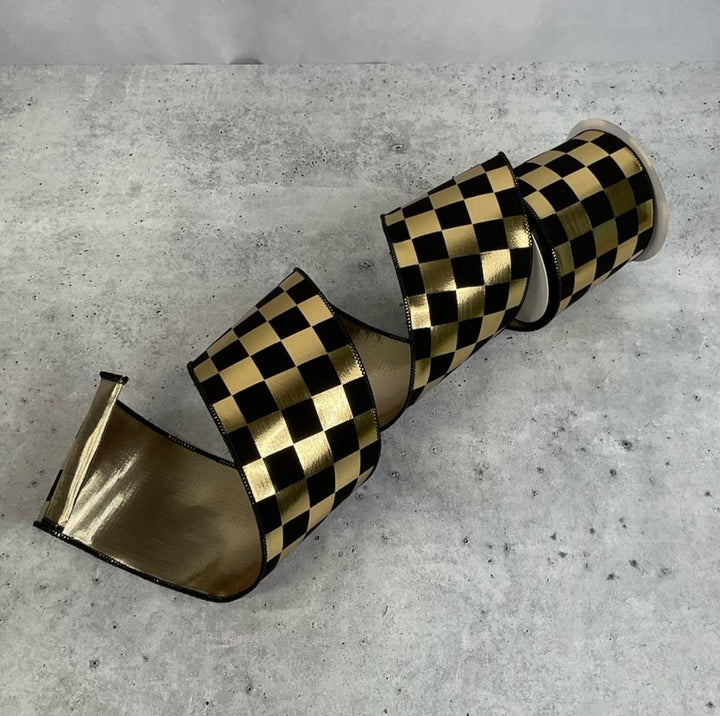 Gold and black check wired ribbon 4” - Greenery MarketXR504/4