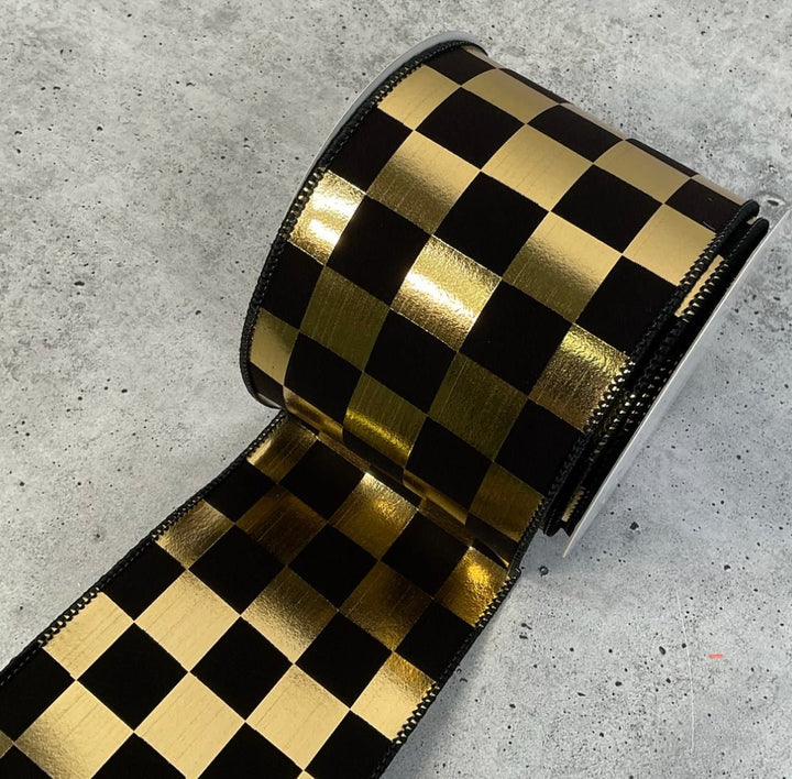 Gold and black check wired ribbon 4” - Greenery MarketXR504/4