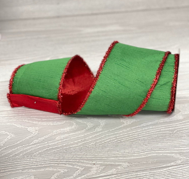 Green double sided with Red tinsel edge wired ribbon - 4” - Greenery MarketWired ribbon179736