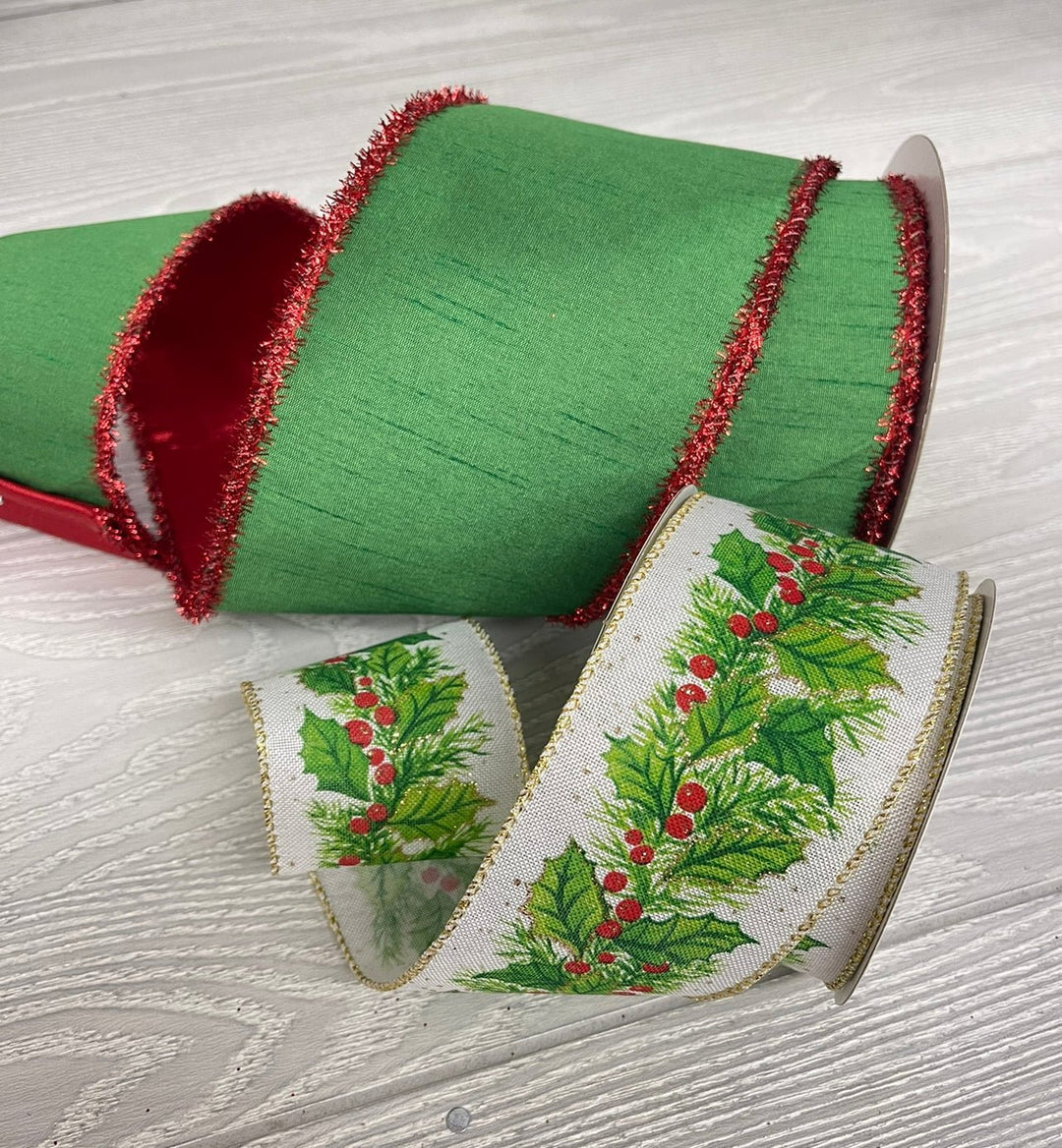 Green double sided with Red tinsel edge wired ribbon - 4” - Greenery MarketWired ribbon179736