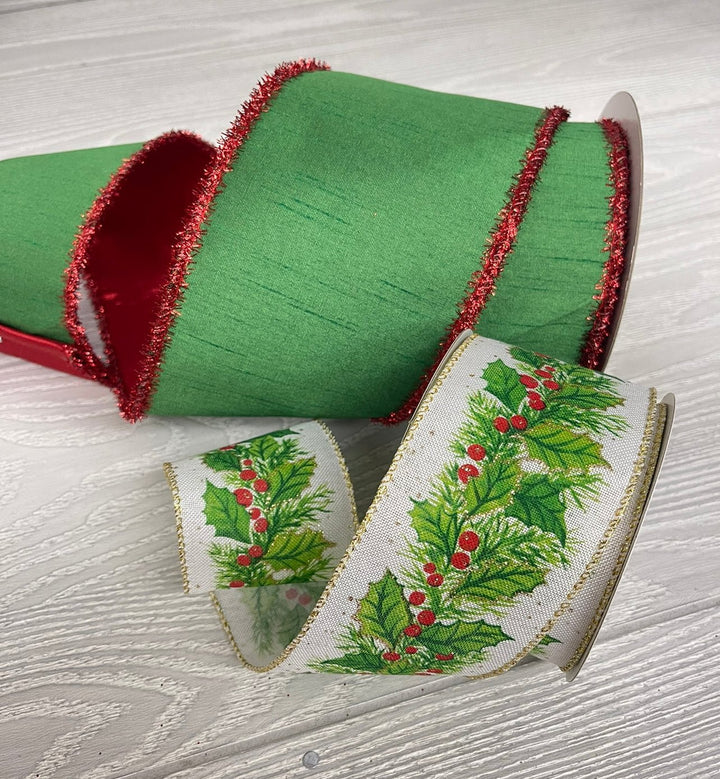 Green double sided with Red tinsel edge wired ribbon - 4” - Greenery MarketWired ribbon179736