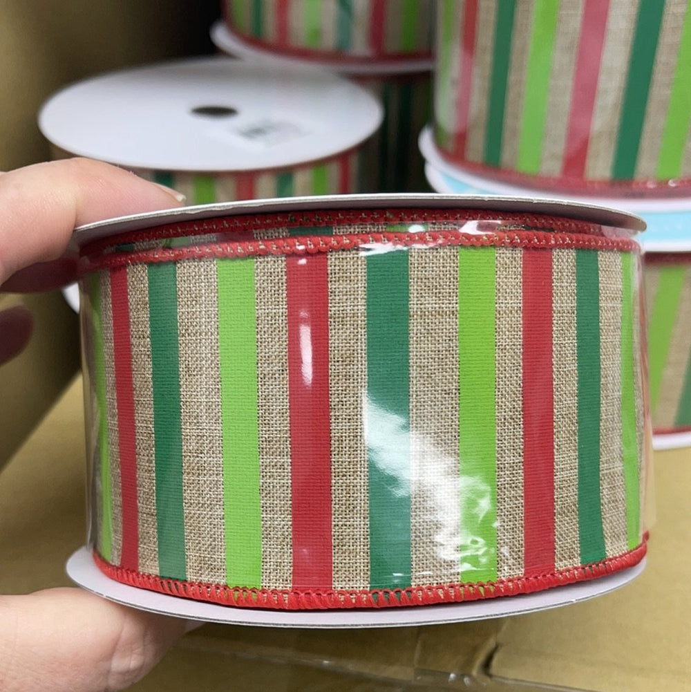 Horizontal stripe - red, tan, and emerald green - Greenery Market Wired ribbon