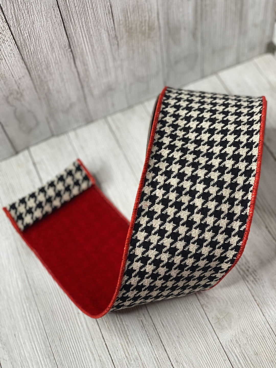 Houndstooth with red velvet backed wired ribbon 4” - Greenery Market Wired ribbon