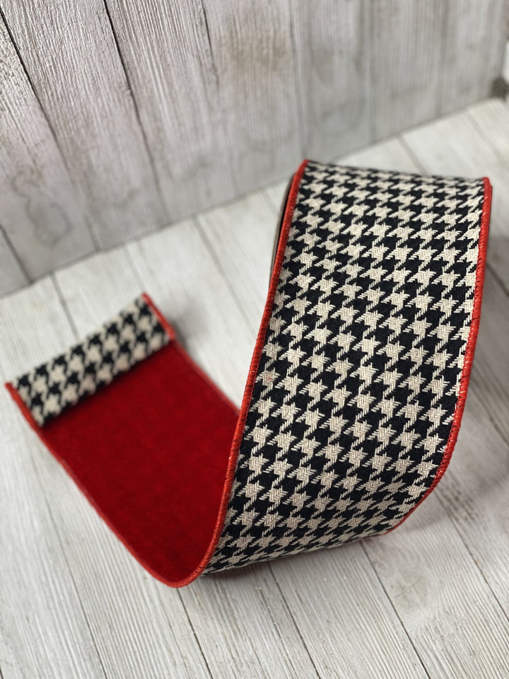 Houndstooth with red velvet backed wired ribbon 4” - Greenery Market Wired ribbon