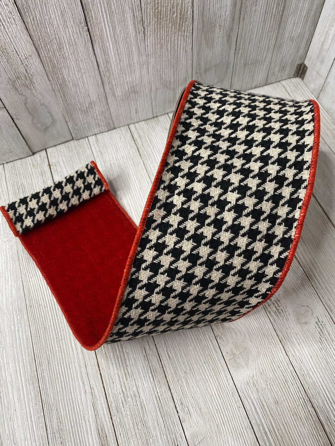 Houndstooth with red velvet backed wired ribbon 4” - Greenery Market Wired ribbon