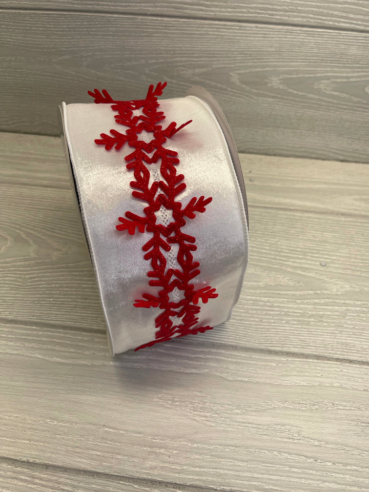 Red felt cutout on white velvet 4” wired ribbon - Greenery Market Wired ribbon
