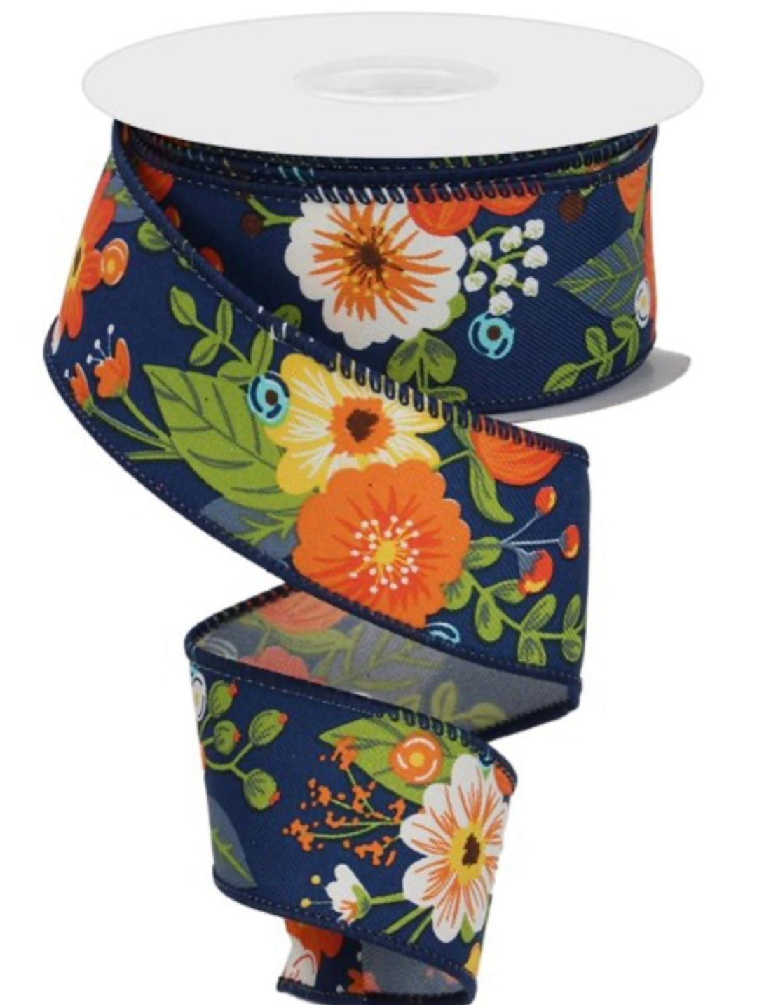 Navy, orange, and light blue floral wired ribbon, 1.5" - Greenery MarketRGE113219