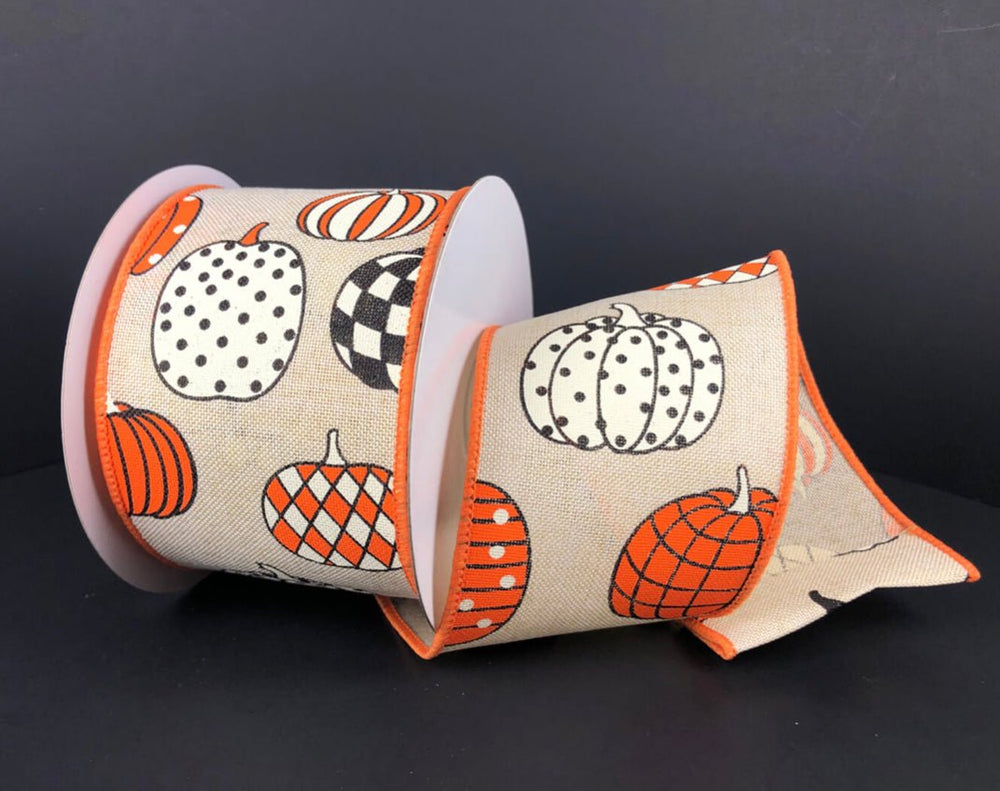 Patterned Pumpkins on ivory 2.5” wired ribbon - Greenery MarketWired ribbon68204-40-18