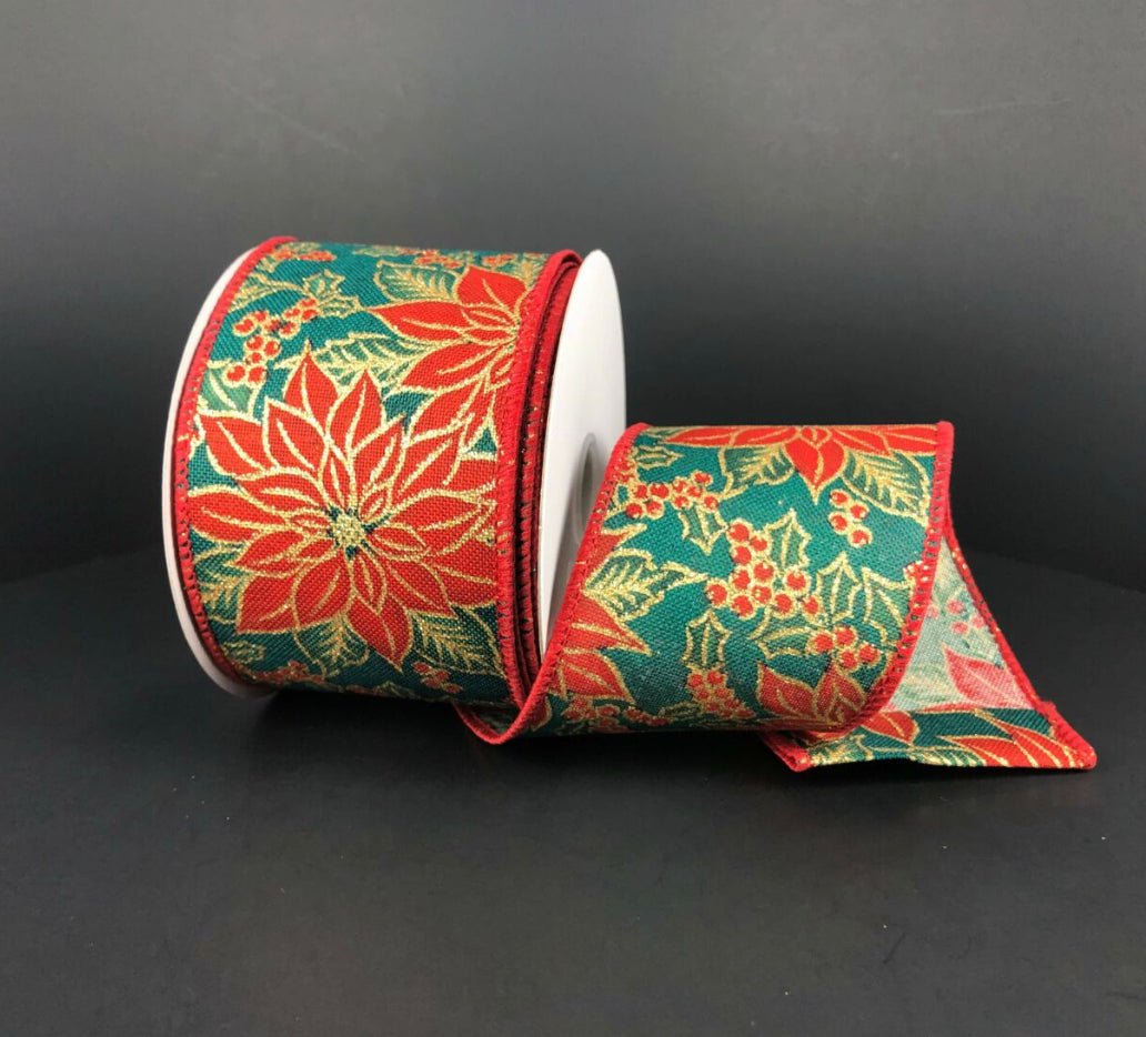 Poinsettias with gold accent Wired ribbon 2.5” - Greenery MarketWired ribbon71273-40-17