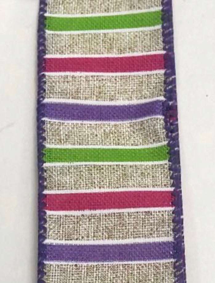Purple lime green and fuchsia pink stripe 1.5” - Greenery Market Wired ribbon