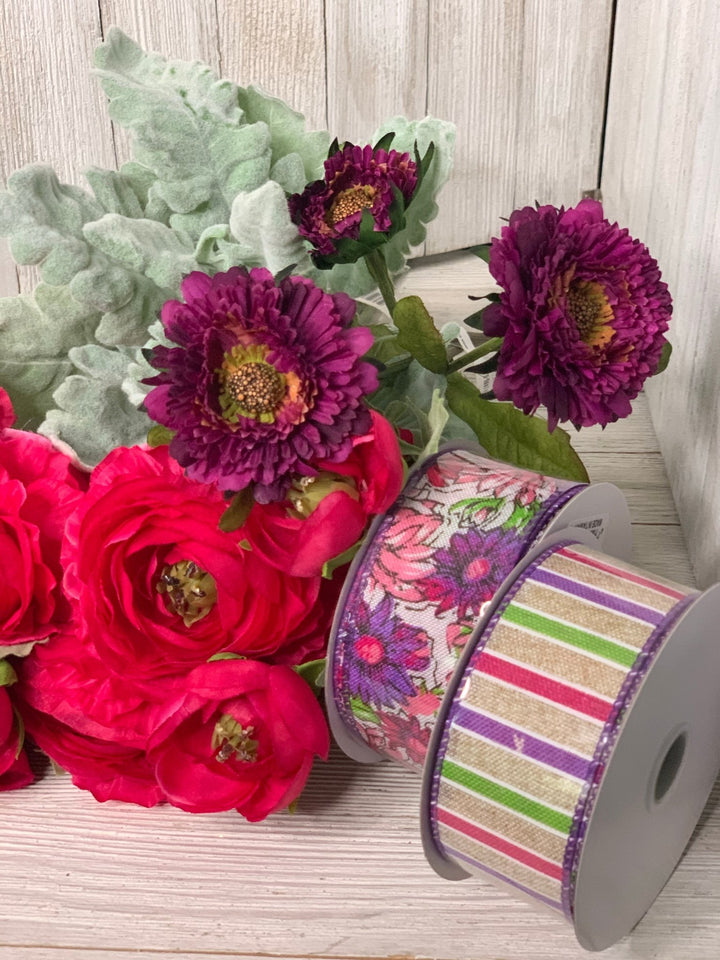 Purple lime green and fuchsia pink stripe 1.5” - Greenery Market Wired ribbon