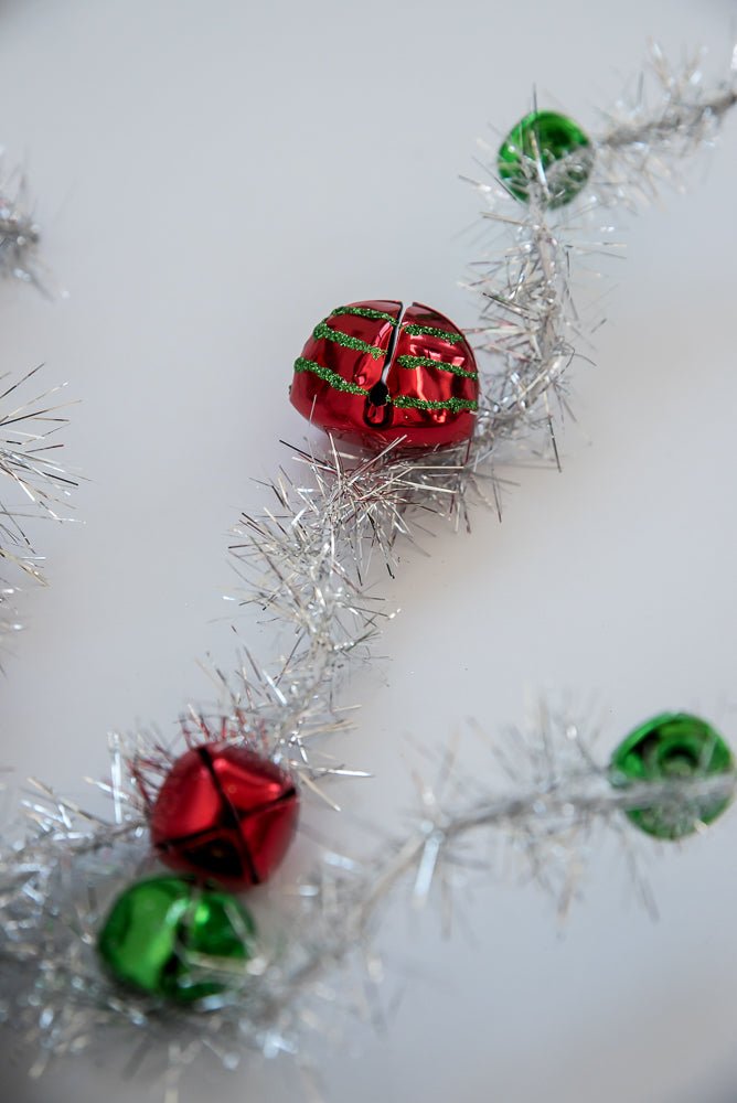 Red and green bells on silver tinsel wired stems - Greenery Market63691