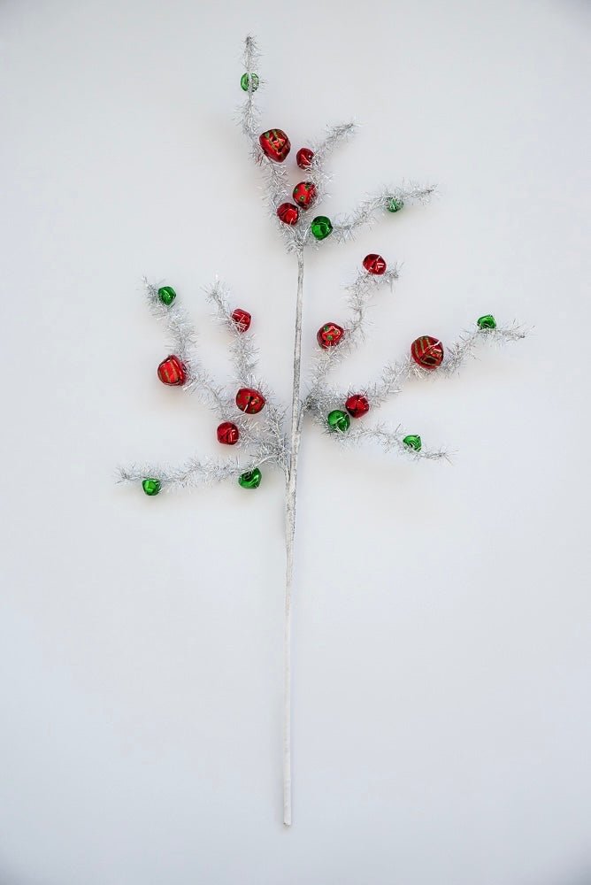 Red and green bells on silver tinsel wired stems - Greenery Market63691