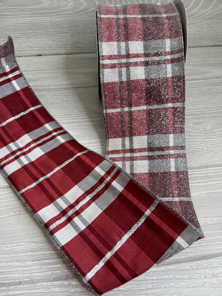 Red, Black and white grand plaid 4” wired ribbon with iced glitter - Greenery Market Wired ribbon