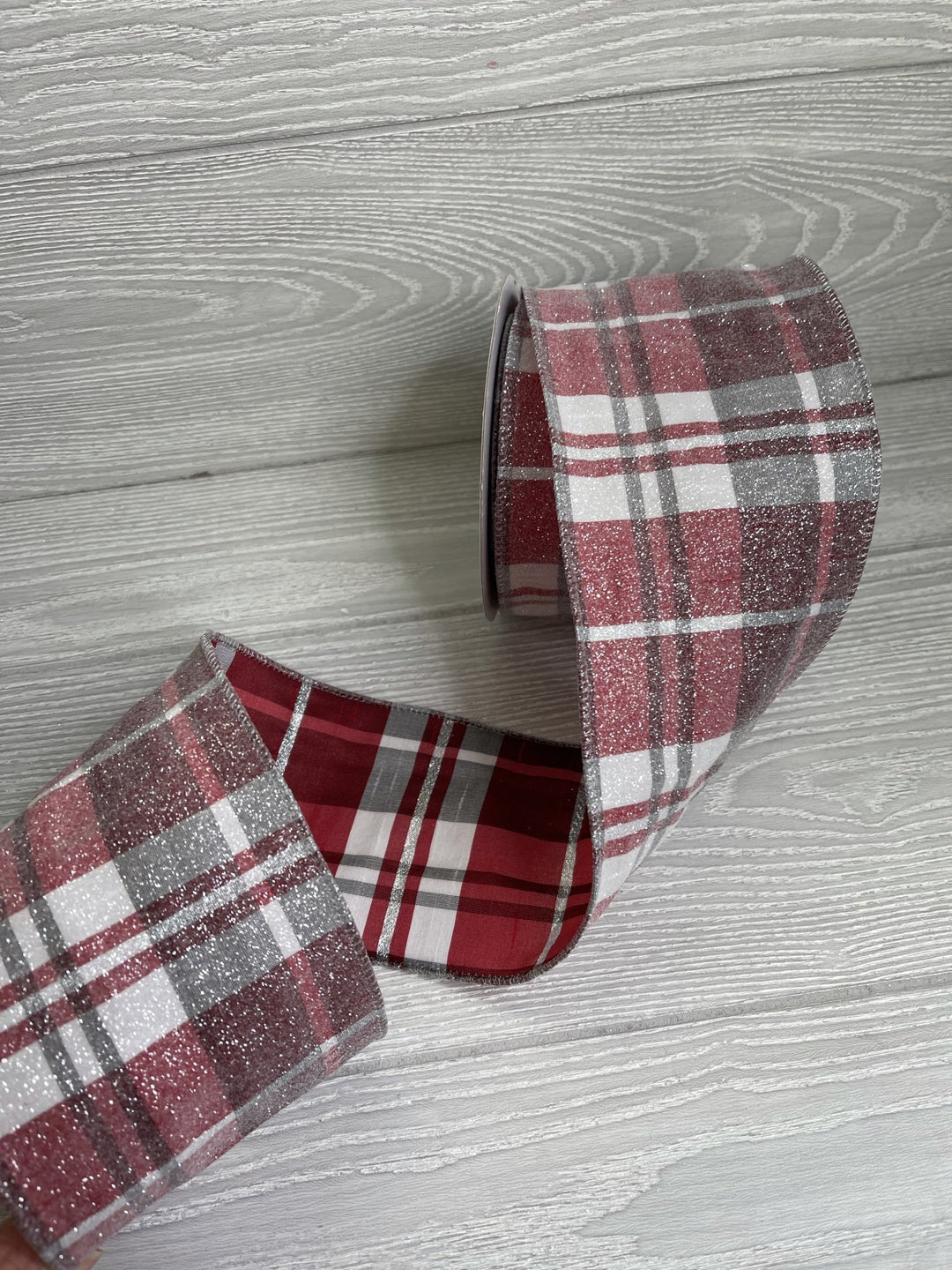 Red, Black and white grand plaid 4” wired ribbon with iced glitter - Greenery Market Wired ribbon
