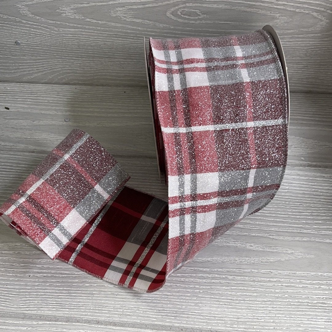 Red, Black and white grand plaid 4” wired ribbon with iced glitter - Greenery Market Wired ribbon