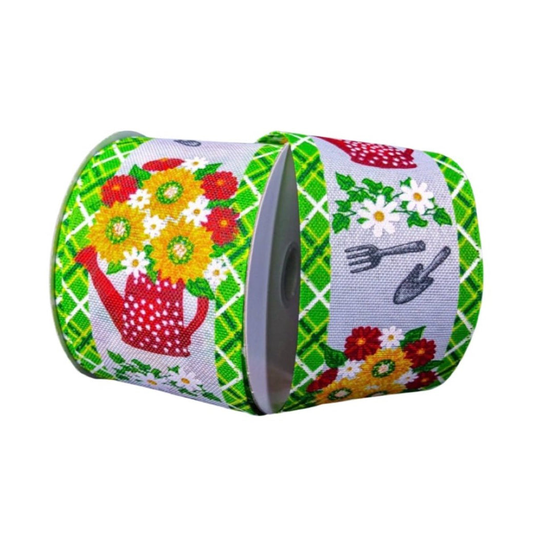Red Sunflower ribbon with polka dot watering can 2.5” - Greenery MarketWired ribbon45212-40-12