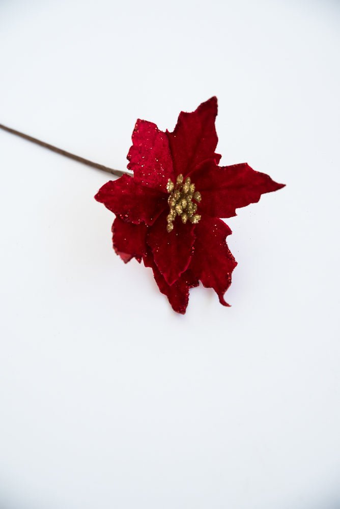 Red velvet with gold center poinsettia pick - Greenery MarketNF405724