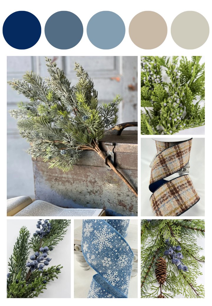 ribbons, ornaments, and bows in shades of blue and tans