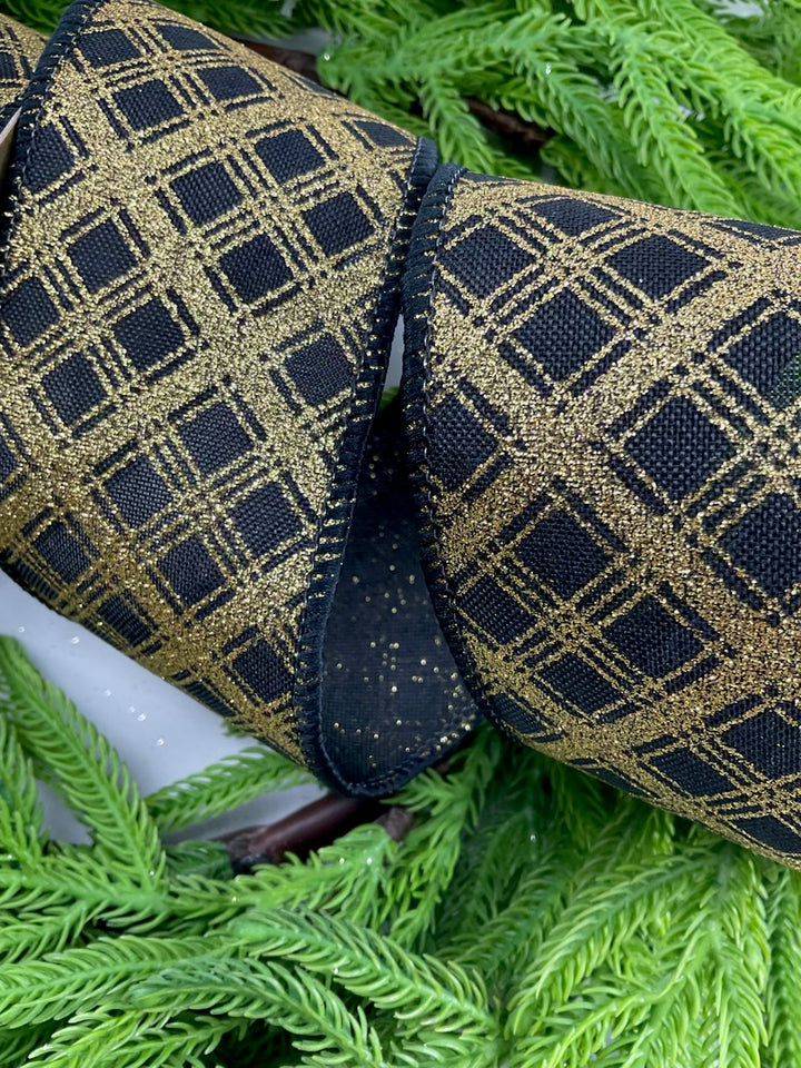 Black and gold diamond plaid wired ribbon 2.5”