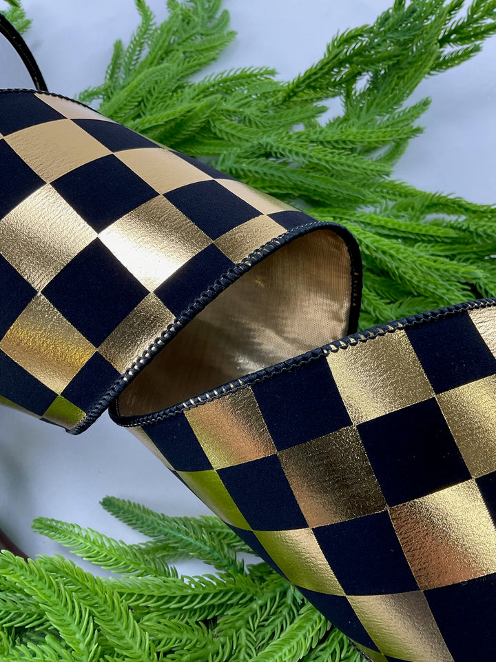 Gold and black check wired ribbon 4”