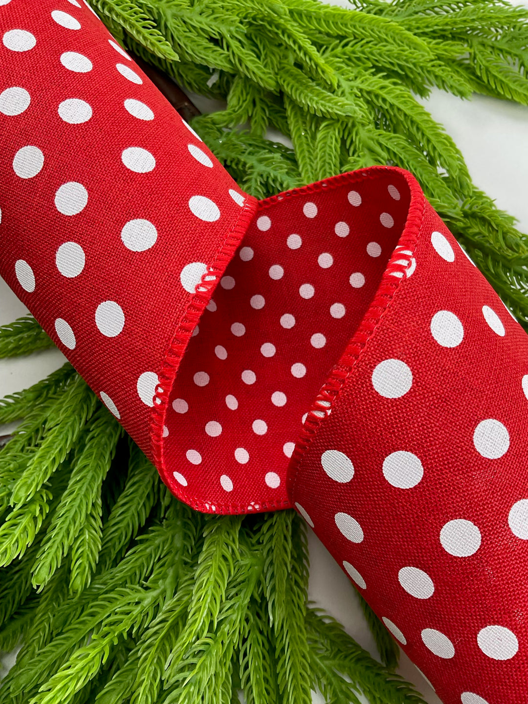 D stevens Red Faux linen large and small dots wired ribbon