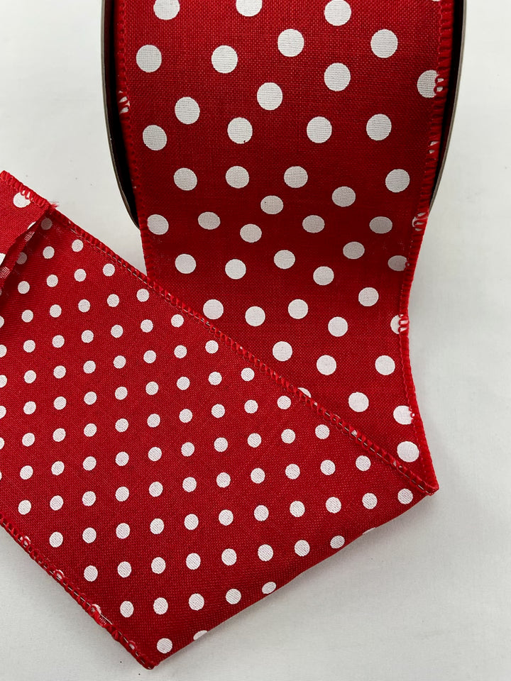 D stevens Red Faux linen large and small dots wired ribbon
