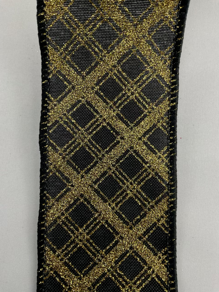 Black and gold diamond plaid wired ribbon 2.5”