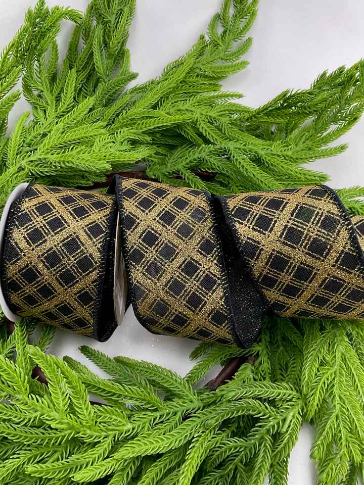 Black and gold diamond plaid wired ribbon 2.5”