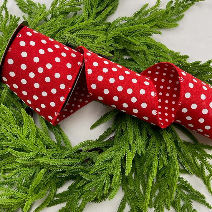 D stevens Red Faux linen large and small dots wired ribbon