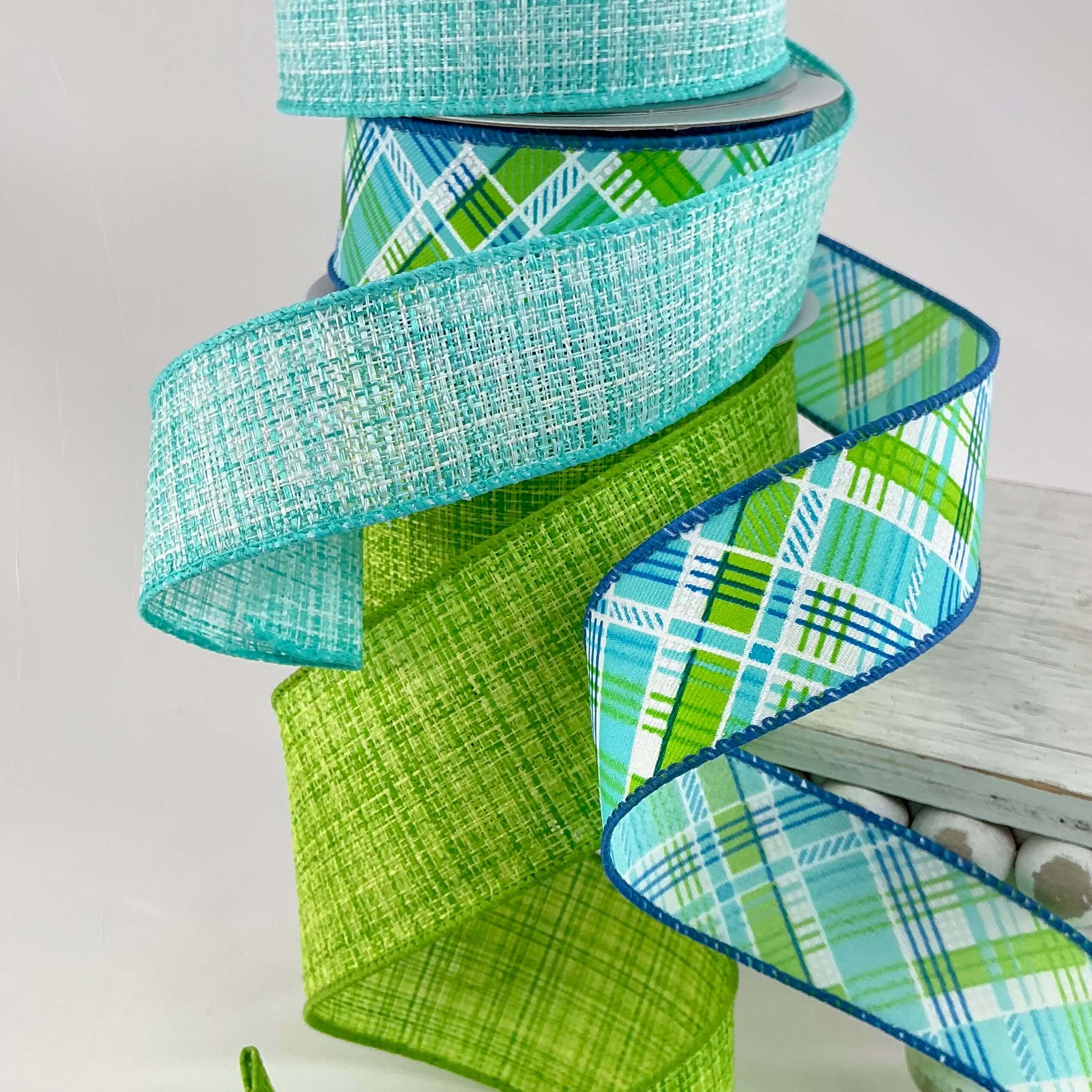 tweed and plaid ribbons in blues and greens