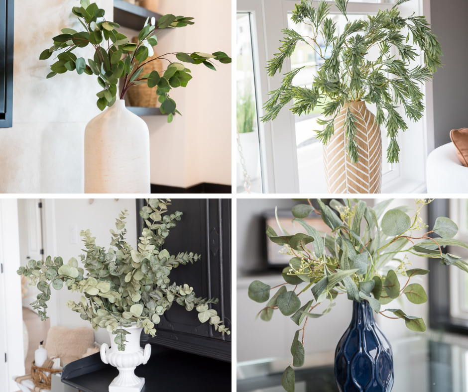 collage of greenery faux stems in a variety of vases