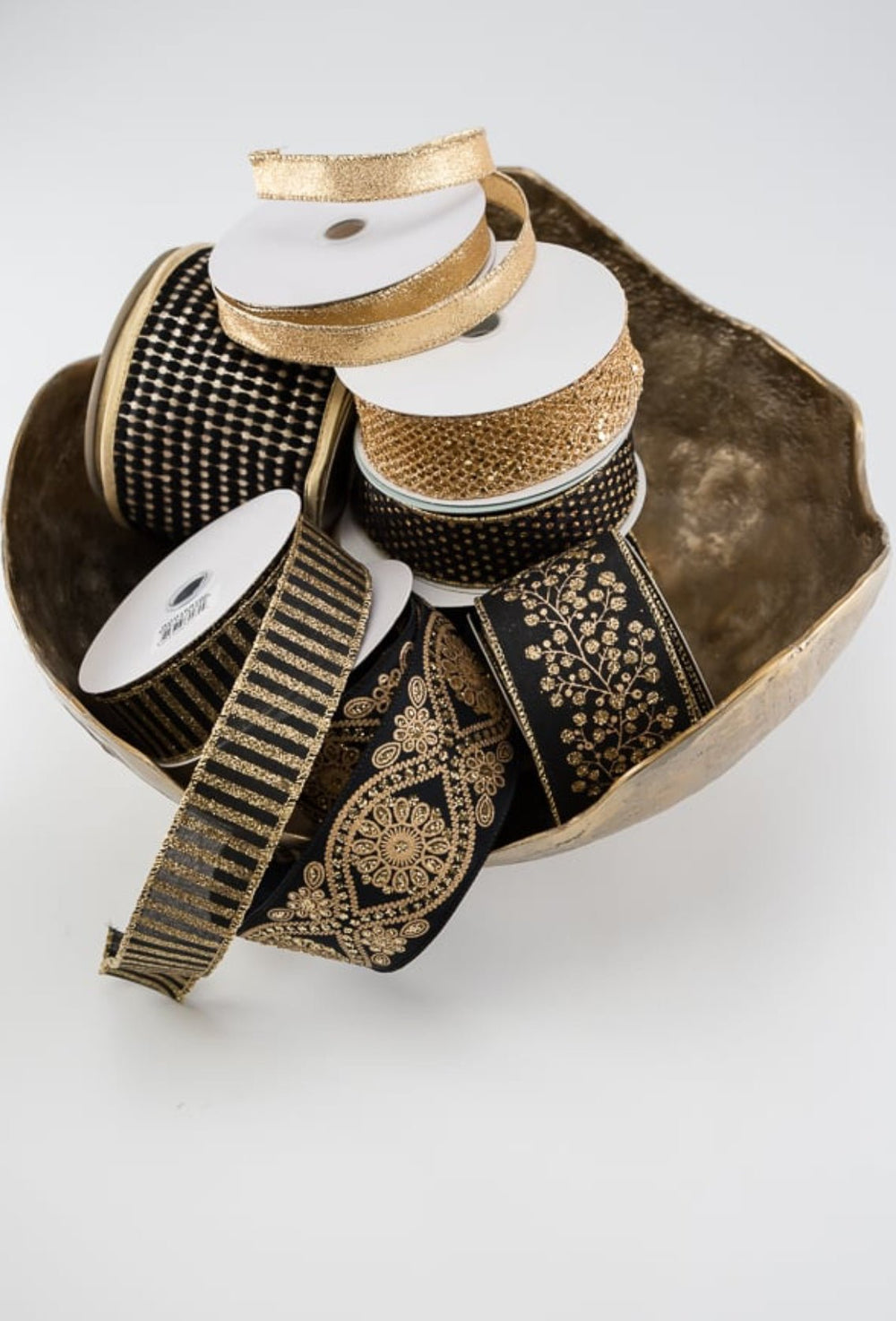 Black and champagne gold wired ribbon 4” - Greenery Market179757