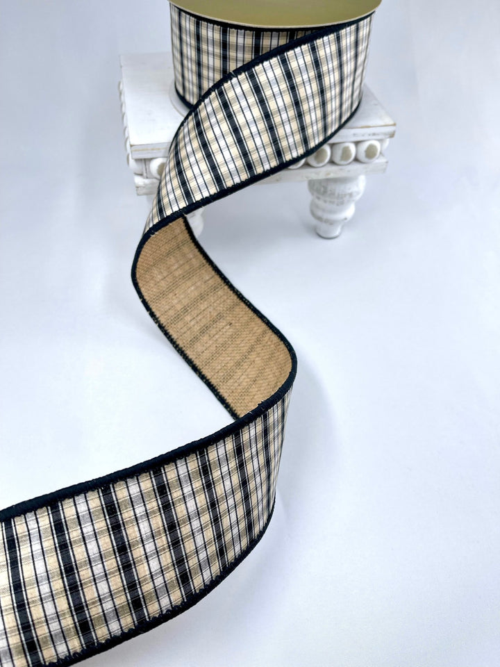Black and cream plaid with burlap back ribbon - 2.5” - Greenery MarketWired ribbon237057